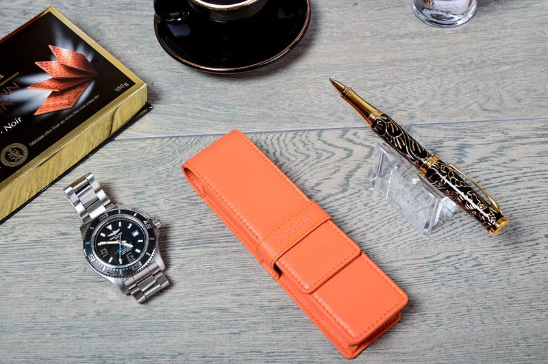 DiLoro Leather Double Pen Case Pencil Pouch Holder for Two Fountain Ballpoint Rollerball Pens and Pencils (Orange) - Image 3